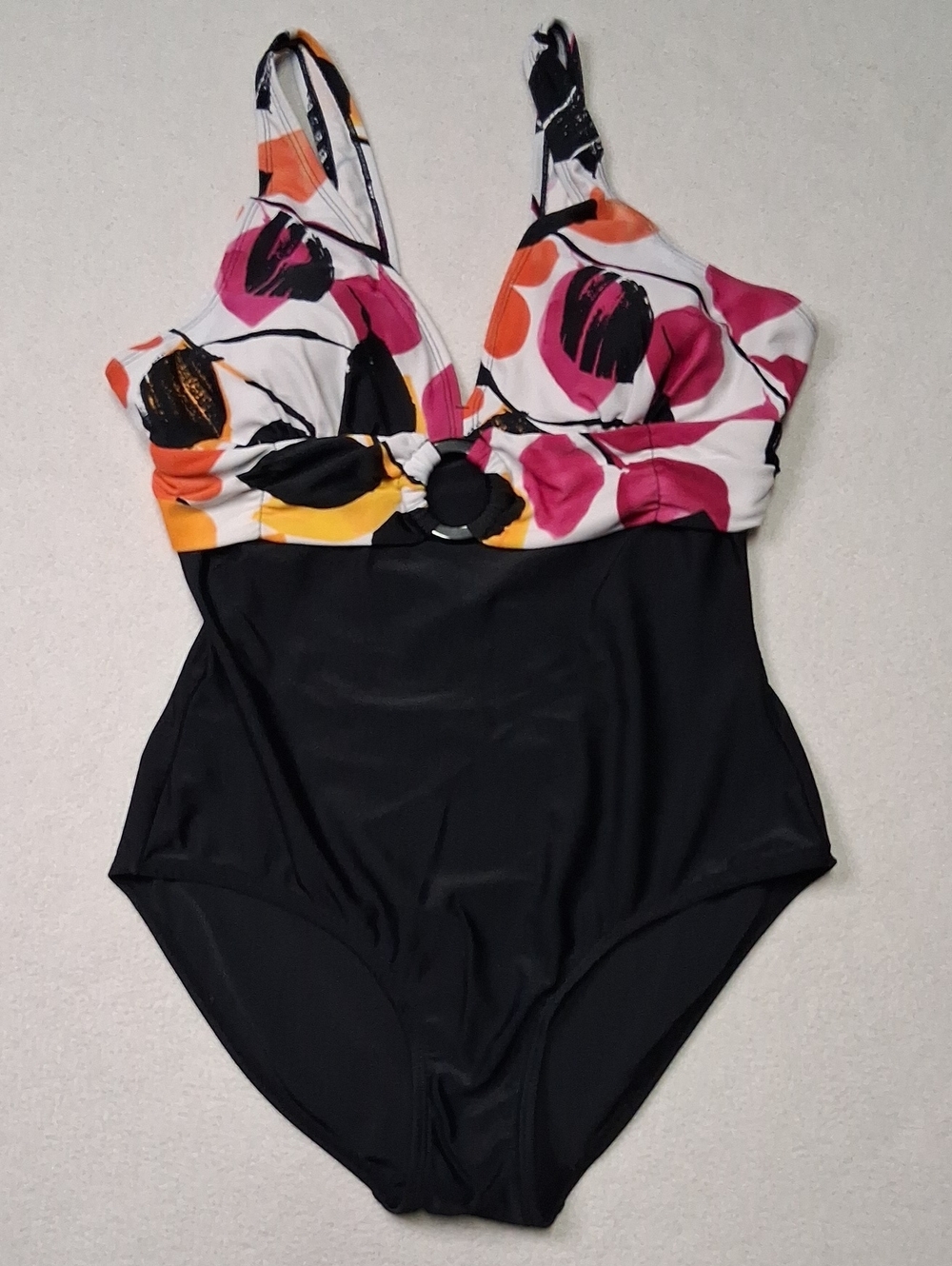 French Riviera Black One-Piece Swimsuit with Floral Pink & Orange Accents
